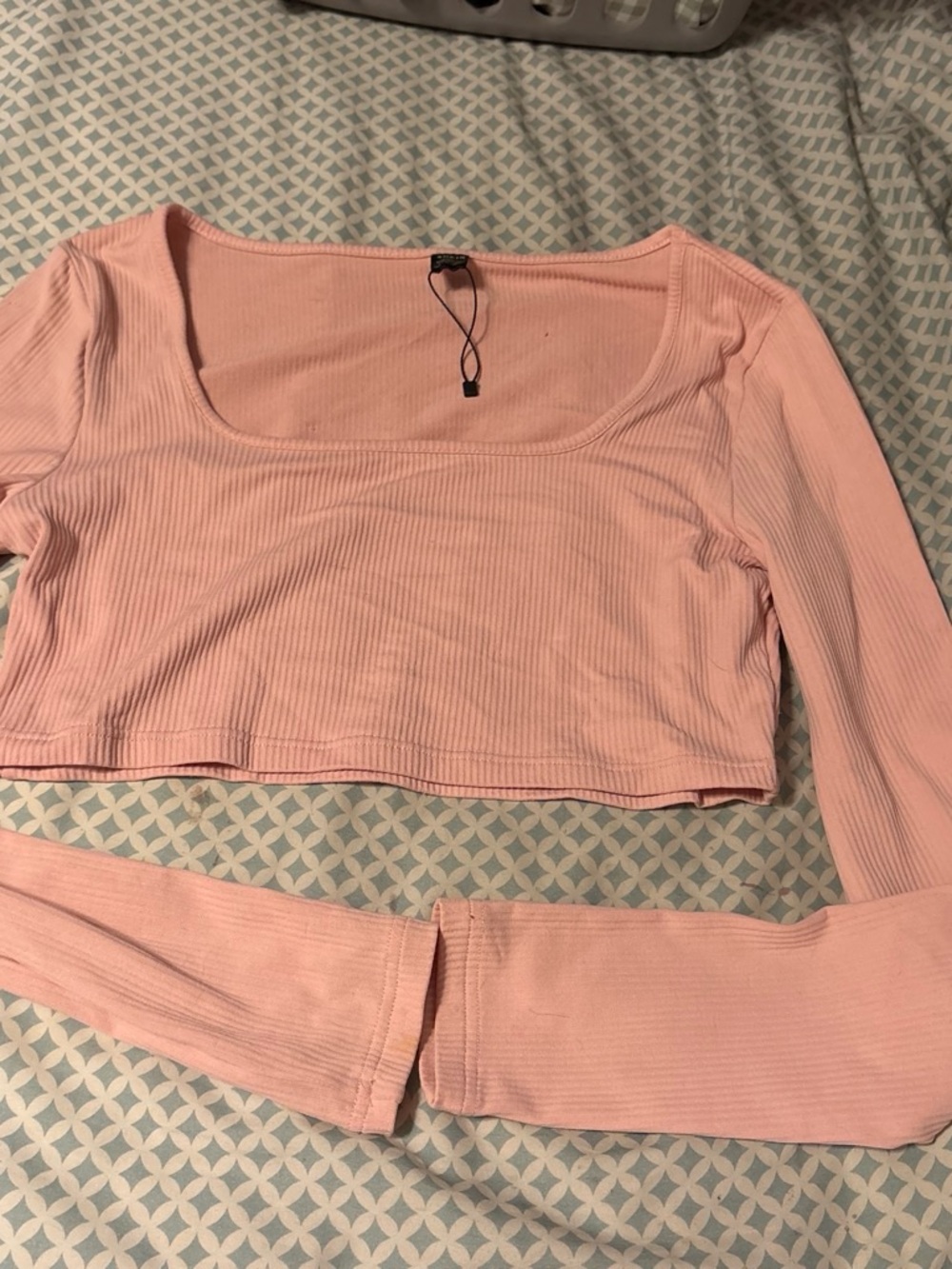 SHEIN Ribbed Square Neck Long Sleeve Crop Top - Pink